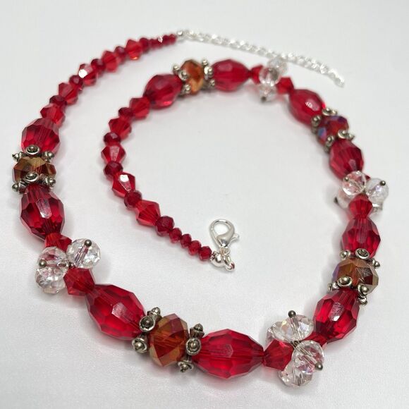 Artisan Red White Glass Beaded STatement Necklace Elegant Stunning Sparkly 21” - Picture 4 of 7